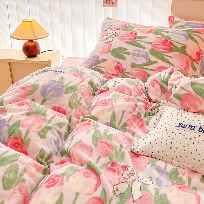 91家纺网 家纺一手货源 找家纺 金爱家 2023新款ins小清新韩系卡通少女心奶油兔子加厚牛奶绒系列四件套 绒-浪漫郁金香