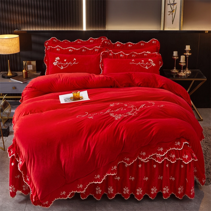 91家纺网 家纺一手货源 找家纺 2023 恒爱家纺 花好月圆宝宝绒床裙四件套 喜庆红