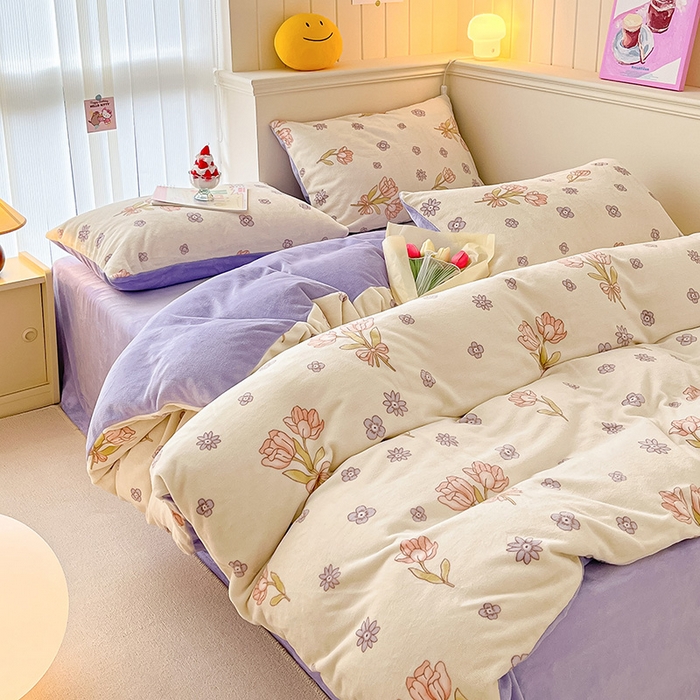 91家纺网 家纺一手货源 找家纺 金爱家 2023新款ins小清新韩系卡通少女心奶油兔子加厚牛奶绒系列四件套 绒-花颂