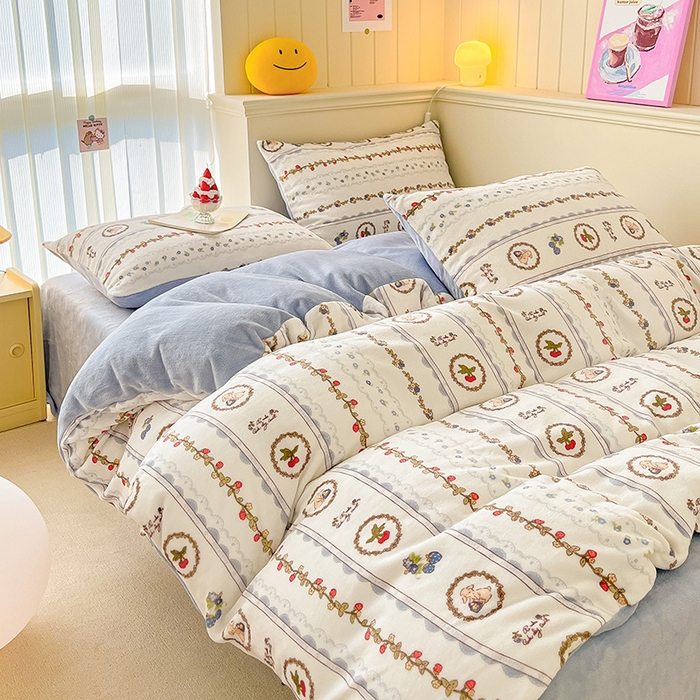 91家纺网 家纺一手货源 找家纺 金爱家 2023新款ins小清新韩系卡通少女心奶油兔子加厚牛奶绒系列四件套 绒-蓝可颂