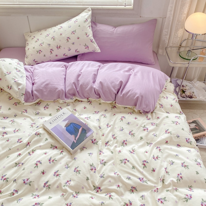 91家纺网 家纺一手货源 找家纺 雅阁尔 2023新款直播爆款母婴级水洗棉双层纱四件套小碎花被套床笠款三件套 紫色果实