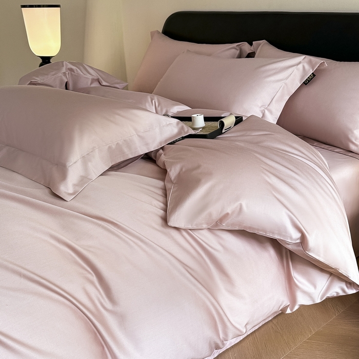 91家纺网 家纺一手货源 找家纺 618家纺 2023新款50S100支长绒棉全棉纯棉纯色四件套 纯色梦幻粉