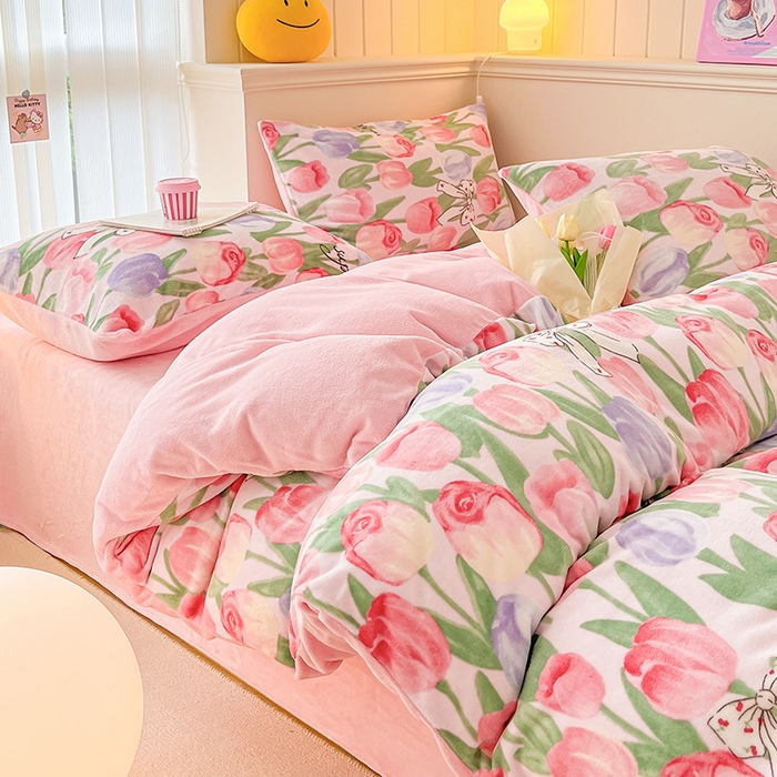 91家纺网 家纺一手货源 找家纺 金爱家 2023新款ins小清新韩系卡通少女心奶油兔子加厚牛奶绒系列四件套 绒-浪漫郁金香