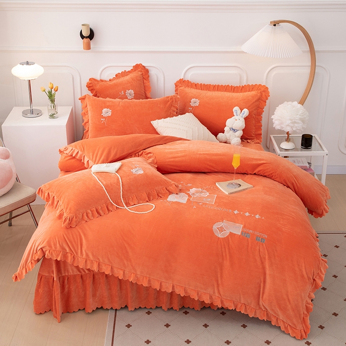 91家纺网 家纺一手货源 找家纺 优姿家纺 2024新品8.5斤德芙绒韩版床裙绣花保暖四件套 绽放香妃桔