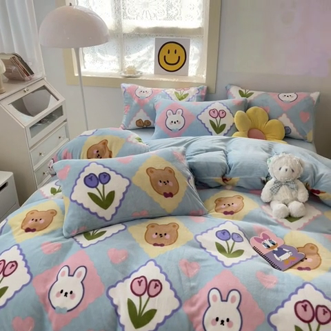 91家纺网 家纺一手货源 找家纺 金爱家 2023新款ins小清新韩系卡通少女心奶油兔子加厚牛奶绒系列四件套 朵朵