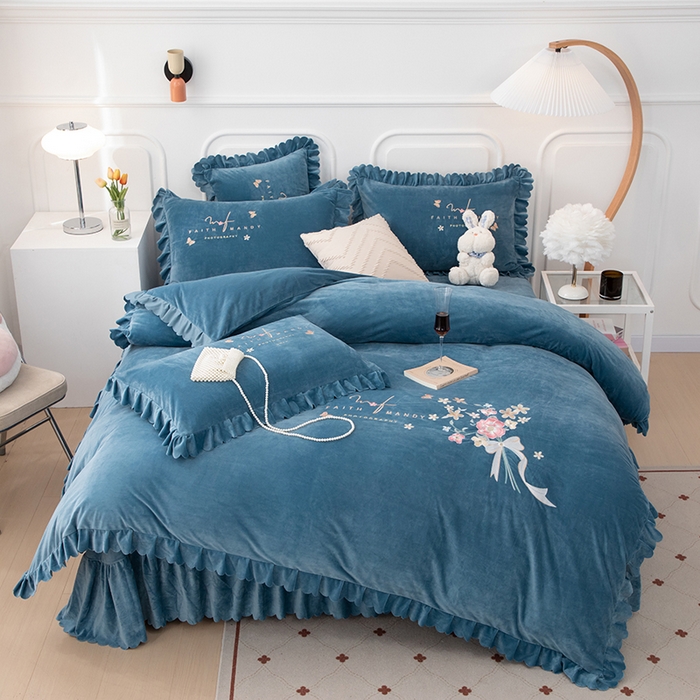 91家纺网 家纺一手货源 找家纺 （总）优姿家纺 2024新品8.5斤德芙绒韩版床裙绣花保暖四件套