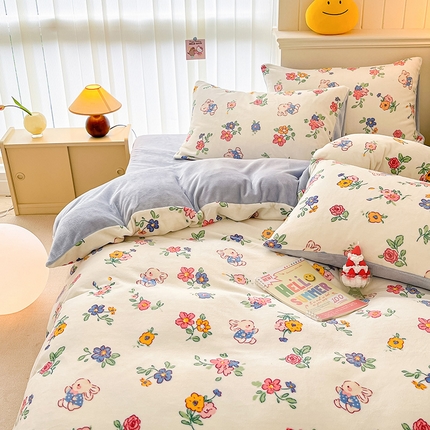 金爱家 2023新款ins小清新韩系卡通少女心奶油兔子加厚牛奶绒系列四件套 绒-花田兔