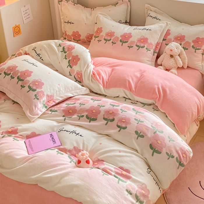 91家纺网 家纺一手货源 找家纺 梦之岛 2023新款牛奶绒加厚小清新印花保暖四件套 小幸运