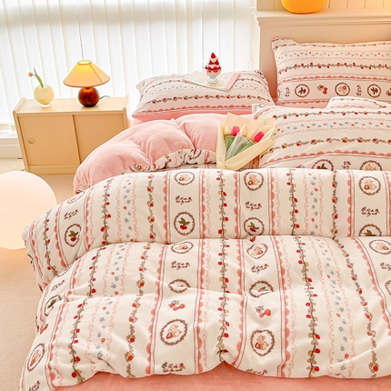 金爱家 2023新款ins小清新韩系卡通少女心奶油兔子加厚牛奶绒系列四件套 绒-可颂粉
