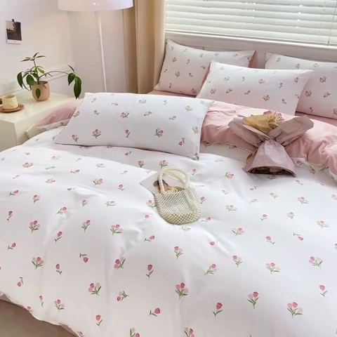91家纺网 家纺一手货源 找家纺 雅阁尔 2023新款直播爆款母婴级水洗棉双层纱四件套小碎花被套床笠款三件套 郁金香-粉