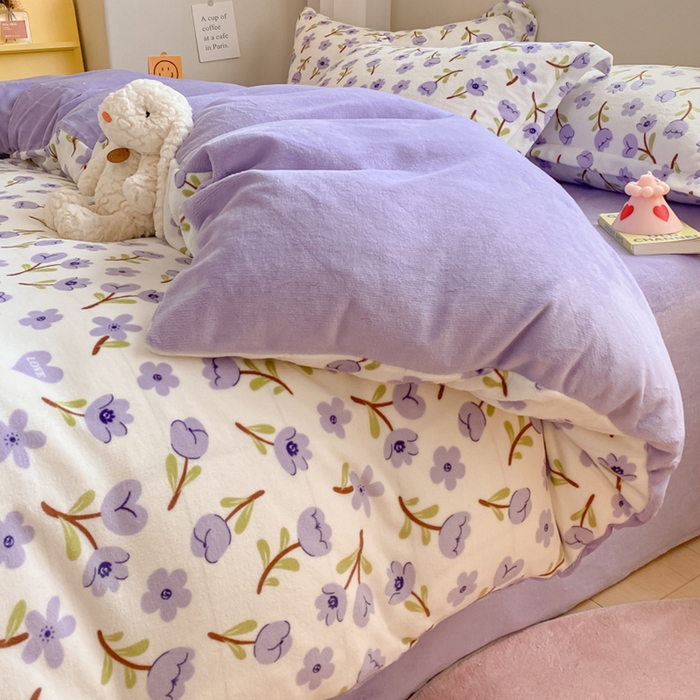 91家纺网 家纺一手货源 找家纺 梦之岛 2023新款牛奶绒加厚小清新印花保暖四件套 花恋