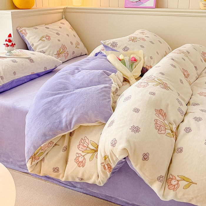 91家纺网 家纺一手货源 找家纺 金爱家 2023新款ins小清新韩系卡通少女心奶油兔子加厚牛奶绒系列四件套 绒-花颂