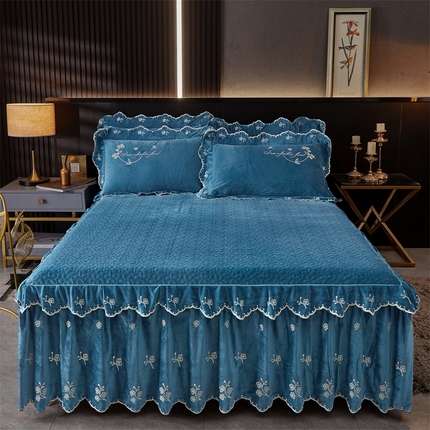 2023 恒爱家纺 花好月圆宝宝绒床裙四件套 宝利蓝