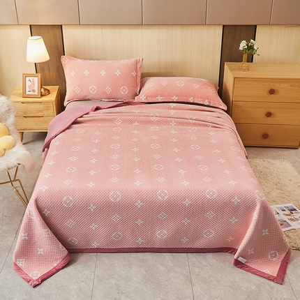 胜权 2024款高克重牛奶绒夹棉单床盖单件保暖床盖三件套 四叶草-粉