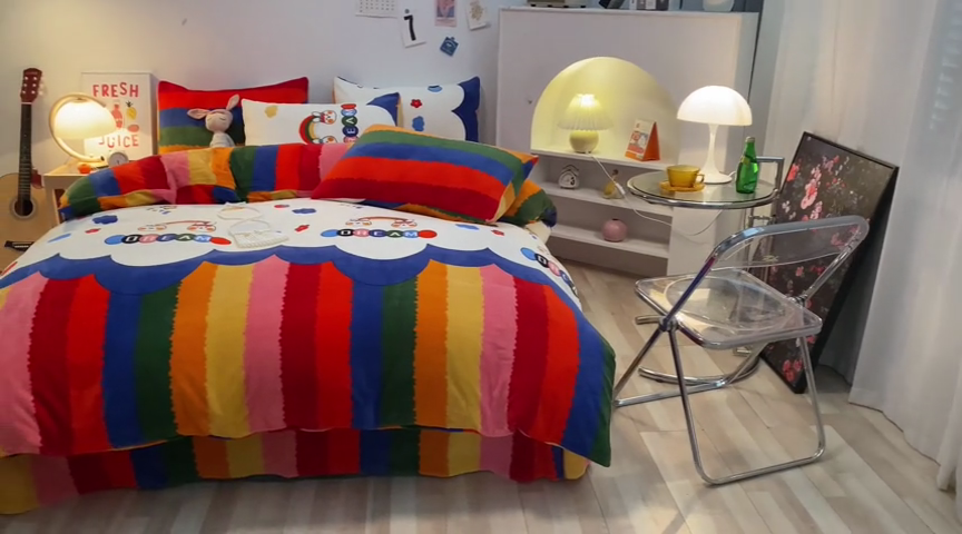 91家纺网 家纺一手货源 找家纺 金爱家 2023新款ins小清新韩系卡通少女心奶油兔子加厚牛奶绒系列四件套 彩虹兔