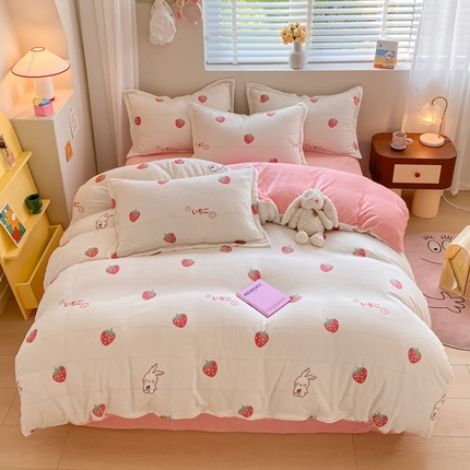 梦之岛 2023新款牛奶绒加厚小清新印花保暖四件套 草莓兔