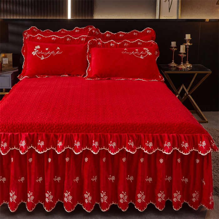 91家纺网 家纺一手货源 找家纺 2023 恒爱家纺 花好月圆宝宝绒床裙四件套 喜庆红