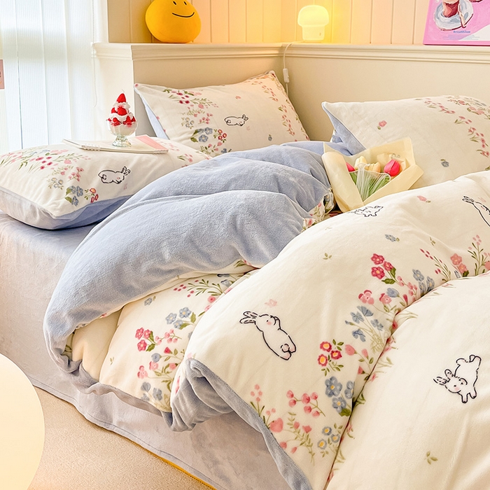 91家纺网 家纺一手货源 找家纺 金爱家 2023新款ins小清新韩系卡通少女心奶油兔子加厚牛奶绒系列四件套 绒-美悠