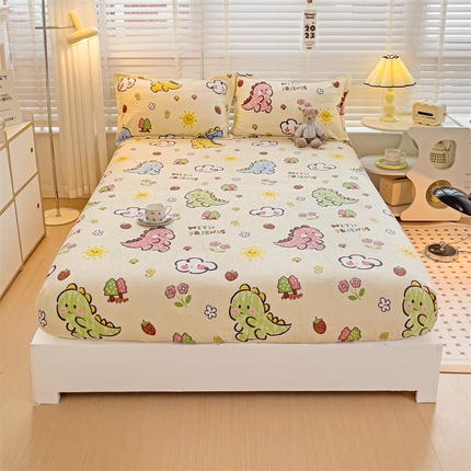 91家纺网 家纺一手货源 找家纺 名兮家居 2023新款高克重牛奶绒床笠 淘气恐龙