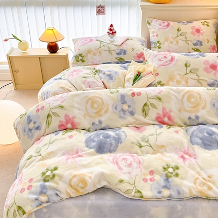 金爱家 2023新款ins小清新韩系卡通少女心奶油兔子加厚牛奶绒系列四件套 绒-挽兰