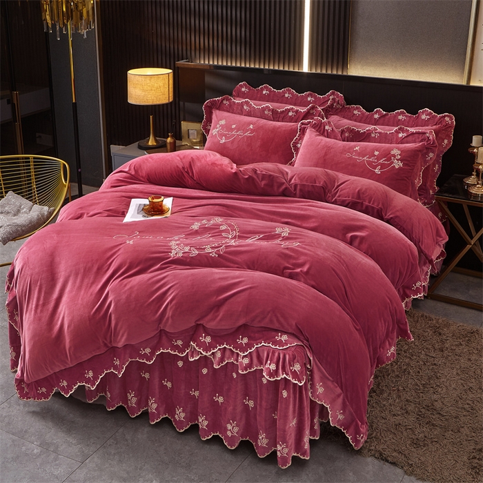 91家纺网 家纺一手货源 找家纺 2023 恒爱家纺 花好月圆宝宝绒床裙四件套 深豆沙