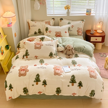 梦之岛 2023新款牛奶绒加厚小清新印花保暖四件套 小熊森林