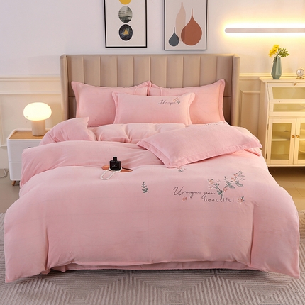 富之航 2023新款牛奶绒刺绣四件套 浪漫花语-粉