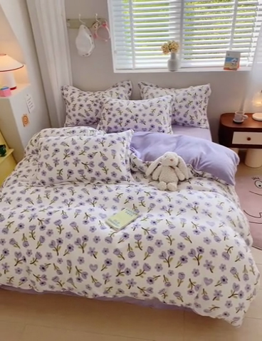 91家纺网 家纺一手货源 找家纺 梦之岛 2023新款牛奶绒加厚小清新印花保暖四件套 花恋