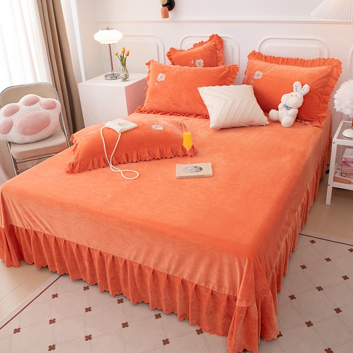 91家纺网 家纺一手货源 找家纺 优姿家纺 2024新品8.5斤德芙绒韩版床裙绣花保暖四件套 绽放香妃桔