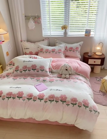 91家纺网 家纺一手货源 找家纺 梦之岛 2023新款牛奶绒加厚小清新印花保暖四件套 小幸运