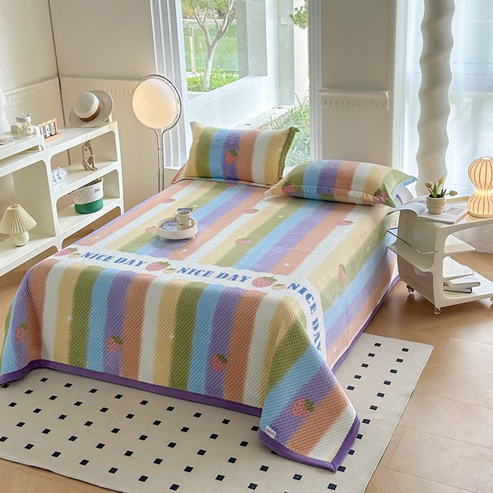 91家纺网 家纺一手货源 找家纺 胜权 2024款高克重牛奶绒夹棉单床盖单件保暖床盖三件套 彩虹甜心