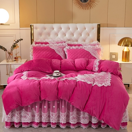 2023新款水晶绒保暖床裙四件套爱妮系列 玫红