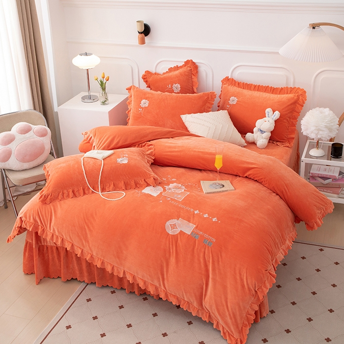 91家纺网 家纺一手货源 找家纺 优姿家纺 2024新品8.5斤德芙绒韩版床裙绣花保暖四件套 绽放香妃桔