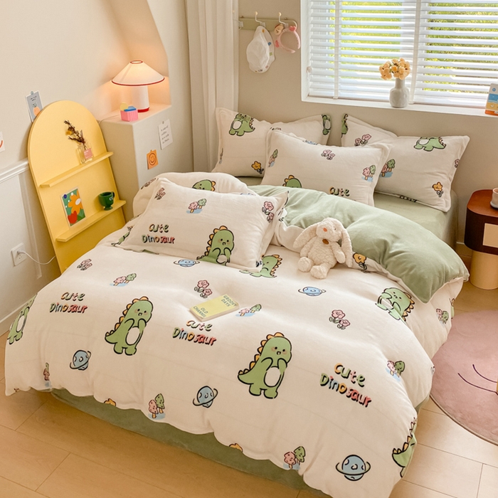 91家纺网 家纺一手货源 找家纺 梦之岛 2023新款牛奶绒加厚小清新印花保暖四件套 小恐龙