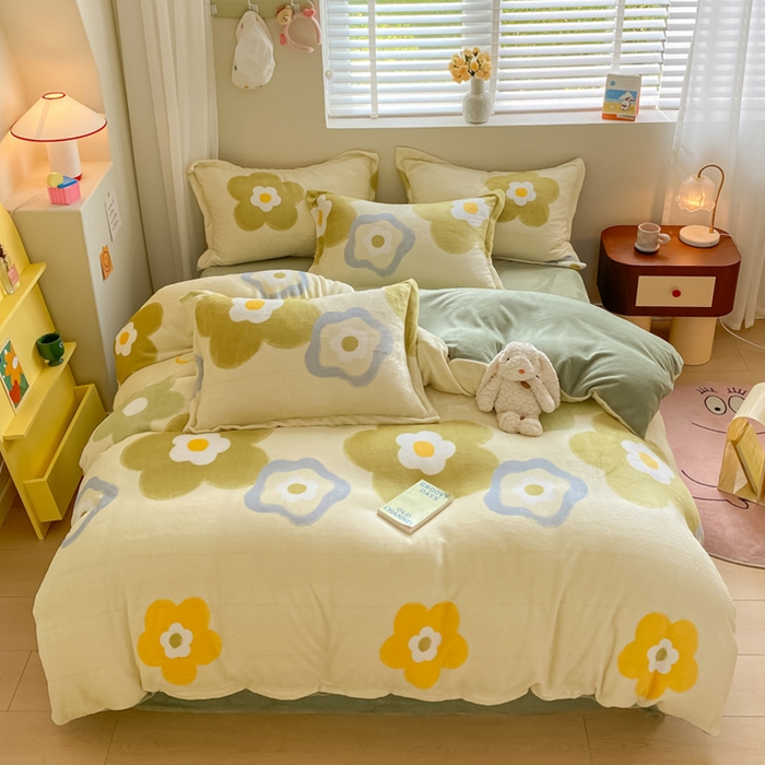 91家纺网 家纺一手货源 找家纺 梦之岛 2023新款牛奶绒加厚小清新印花保暖四件套 花开