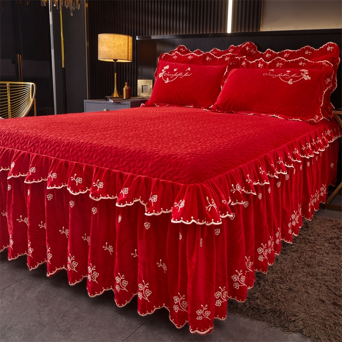 91家纺网 家纺一手货源 找家纺 2023 恒爱家纺 花好月圆宝宝绒床裙四件套 喜庆红