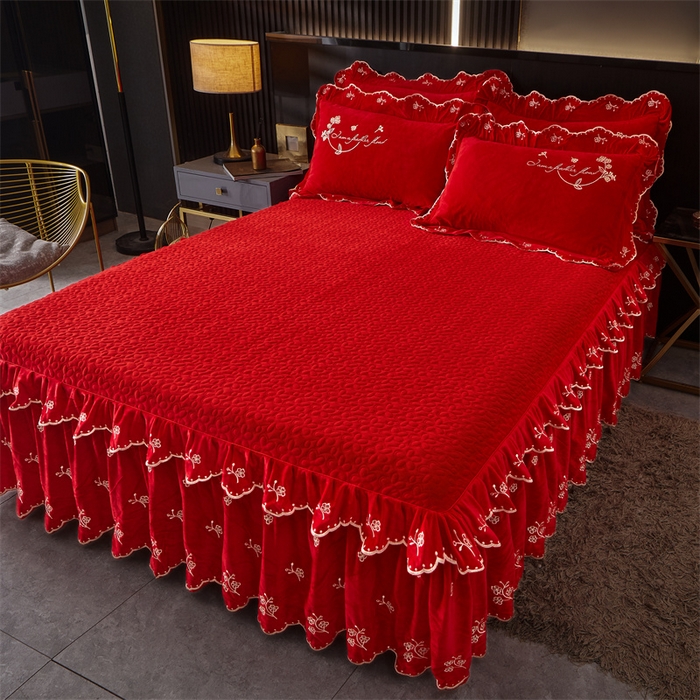 91家纺网 家纺一手货源 找家纺 2023 恒爱家纺 花好月圆宝宝绒床裙四件套 喜庆红