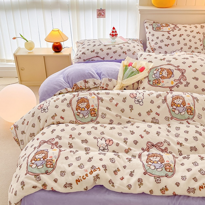 91家纺网 家纺一手货源 找家纺 金爱家 2023新款ins小清新韩系卡通少女心奶油兔子加厚牛奶绒系列四件套 绒-萝莉