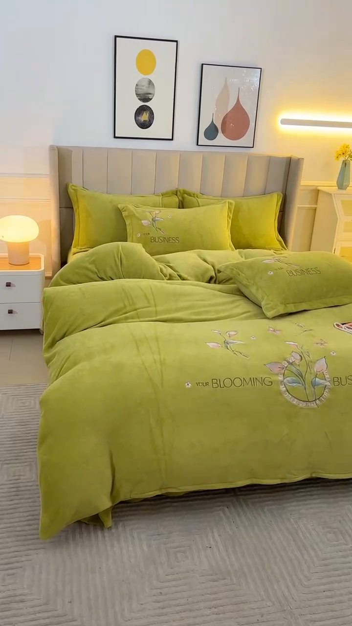 91家纺网 家纺一手货源 找家纺 富之航 2023新款牛奶绒刺绣四件套 莫奈花园-绿