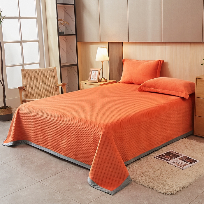 91家纺网 家纺一手货源 找家纺 胜权 2024款高克重牛奶绒夹棉单床盖单件保暖床盖三件套 阳光橙