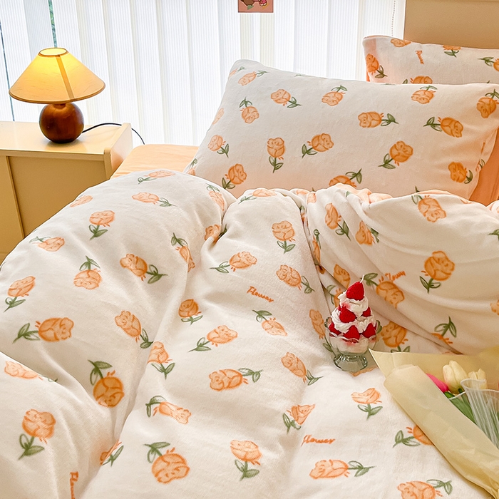 91家纺网 家纺一手货源 找家纺 金爱家 2023新款ins小清新韩系卡通少女心奶油兔子加厚牛奶绒系列四件套 绒-沁香