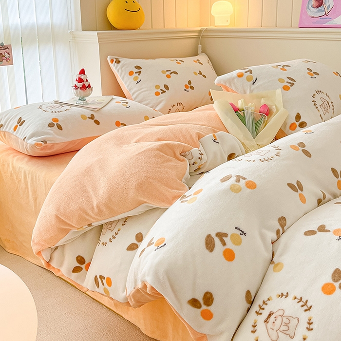 91家纺网 家纺一手货源 找家纺 金爱家 2023新款ins小清新韩系卡通少女心奶油兔子加厚牛奶绒系列四件套 绒-果果兔