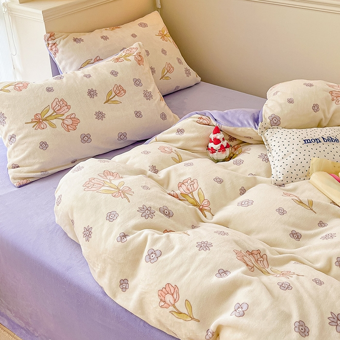 91家纺网 家纺一手货源 找家纺 金爱家 2023新款ins小清新韩系卡通少女心奶油兔子加厚牛奶绒系列四件套 绒-花颂