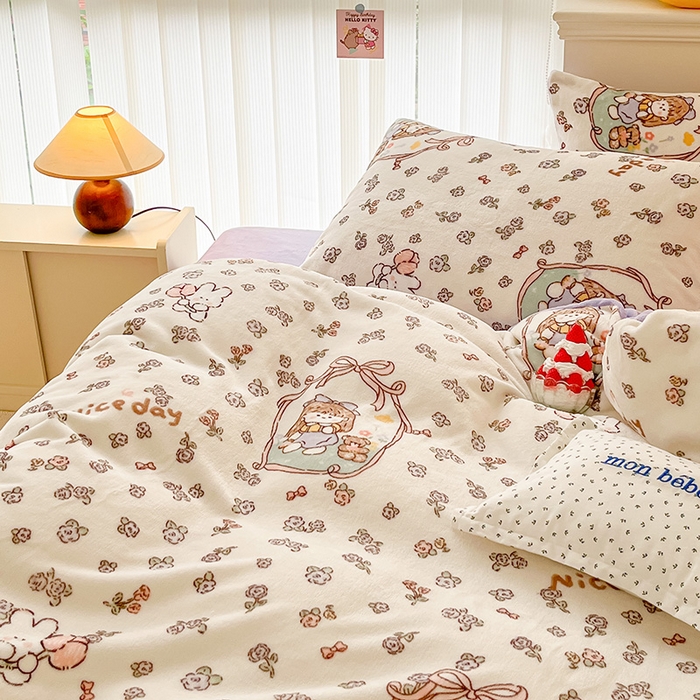 91家纺网 家纺一手货源 找家纺 金爱家 2023新款ins小清新韩系卡通少女心奶油兔子加厚牛奶绒系列四件套 绒-萝莉