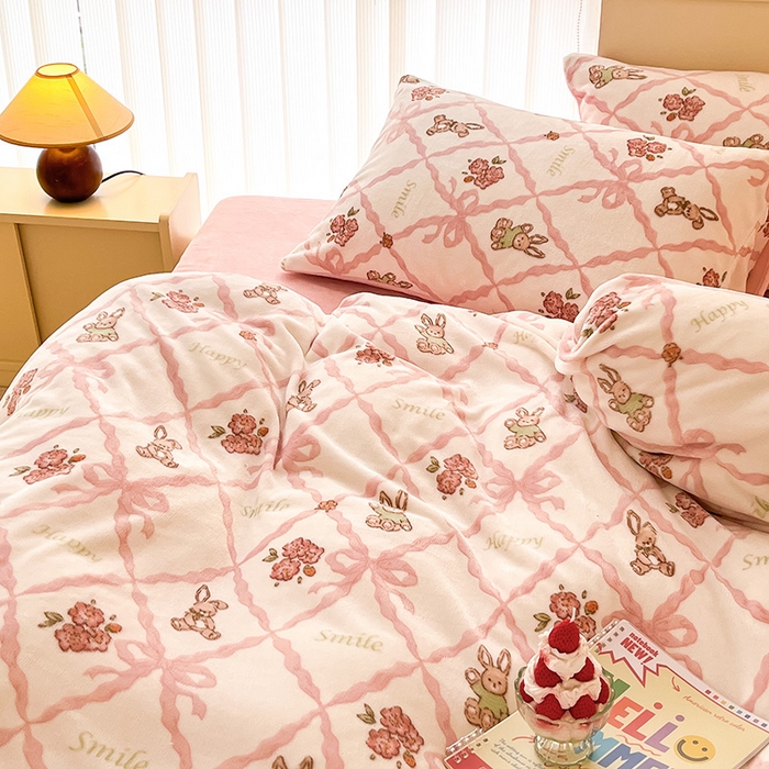 91家纺网 家纺一手货源 找家纺 金爱家 2023新款ins小清新韩系卡通少女心奶油兔子加厚牛奶绒系列四件套 绒-菲丽