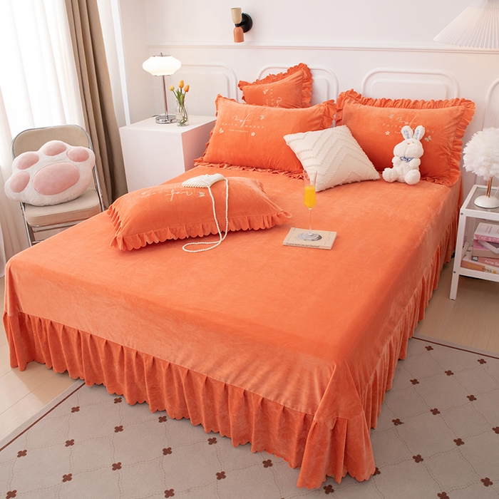 91家纺网 家纺一手货源 找家纺 优姿家纺 2024新品8.5斤德芙绒韩版床裙绣花保暖四件套 今生有约香妃桔