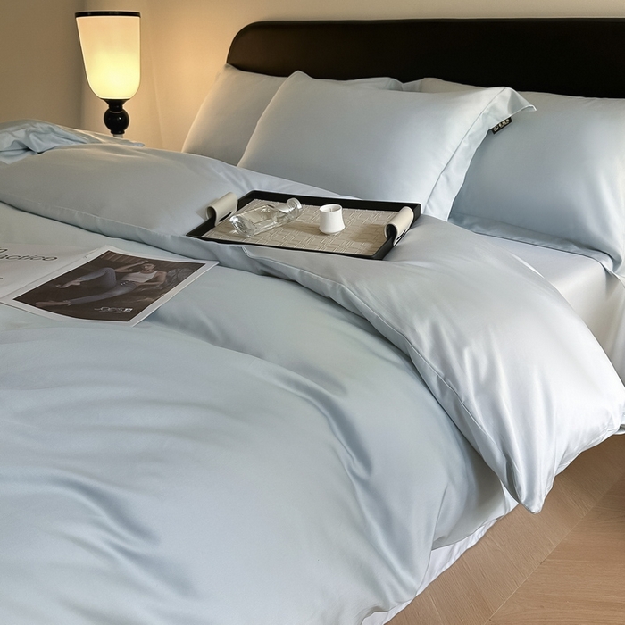 91家纺网 家纺一手货源 找家纺 618家纺 2023新款50S100支长绒棉全棉纯棉纯色四件套 纯色冰蓝