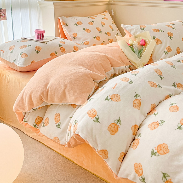 91家纺网 家纺一手货源 找家纺 金爱家 2023新款ins小清新韩系卡通少女心奶油兔子加厚牛奶绒系列四件套 绒-沁香