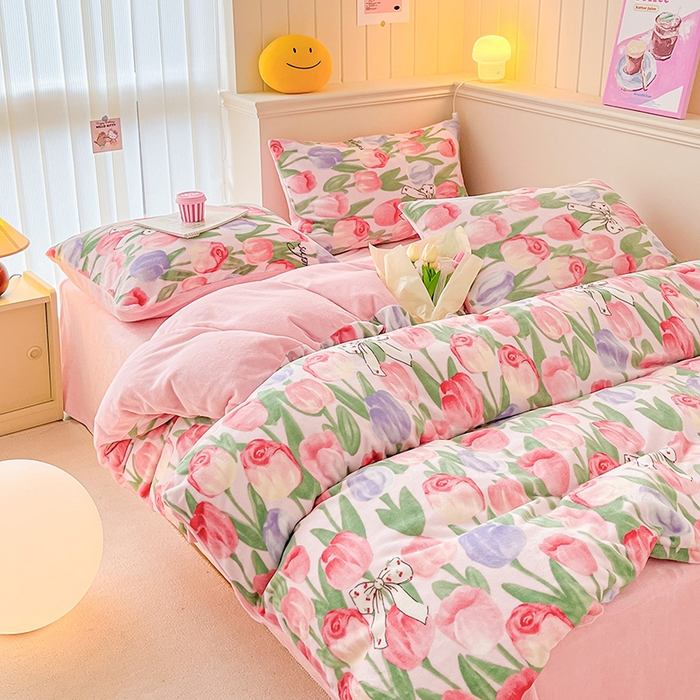 91家纺网 家纺一手货源 找家纺 金爱家 2023新款ins小清新韩系卡通少女心奶油兔子加厚牛奶绒系列四件套 绒-浪漫郁金香