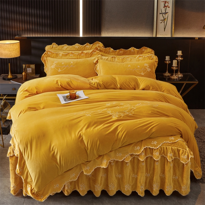 91家纺网 家纺一手货源 找家纺 2023 恒爱家纺 花好月圆宝宝绒床裙四件套 柠檬黄